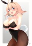  1girl :o absurdres ahoge alternate_costume animal_ears azur_lane blonde_hair blue_eyes blush breasts chiru_(218mg) cleavage commentary_request cowboy_shot crossed_arms crying crying_with_eyes_open fake_animal_ears fishnet_pantyhose fishnets gradient gradient_background grey_background highres large_breasts looking_at_viewer oklahoma_(azur_lane) pantyhose playboy_bunny rabbit_ears rabbit_tail short_hair signature solo tail tears white_background 