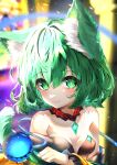  1girl absurdres animal_ear_fluff animal_ears bangs blurry blurry_background breasts cat_ears cat_tail cleavage closed_mouth dfra fang green_eyes green_hair heart heart-shaped_pupils highres komeiji_koishi medium_breasts short_hair skin_fang smile solo symbol-shaped_pupils tail third_eye touhou upper_body 