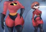  1girl artist_name ass bangs black_footwear black_gloves blurry blurry_foreground bodysuit boots breasts brown_eyes brown_hair derivative_work flytrapxx gloves half-closed_eyes helen_parr highres indoors large_breasts mask mirror parted_lips red_bodysuit screencap_redraw short_hair solo the_incredibles thigh_boots wide_hips 
