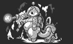  anthro felid feline greyscale laser_gun machine male mammal monochrome ranged_weapon robot slightly_chubby solo spacesuit submarine_screw thick_thighs weapon 