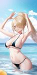 1girl absurdres armpits arms_up asuna_(blue_archive) bikini black_bikini blonde_hair blue_archive blue_eyes blurry breasts cloud collarbone cowboy_shot day depth_of_field grin hair_over_one_eye high_ponytail highres large_breasts live_(mfwa7572) looking_at_viewer mole mole_on_breast navel ocean outdoors smile solo stomach strap_gap sunlight swimsuit thighs wading water wet 