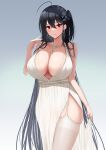  1girl absurdres ahoge armlet azur_lane bangs bare_shoulders black_hair bracelet breasts closed_mouth collarbone commentary_request crossed_bangs dot_nose dress earrings evening_gown gradient gradient_background grey_background hair_between_eyes highres huge_breasts jewelry long_hair minato81345 necklace official_alternate_costume one_side_up plunging_neckline red_eyes side_slit simple_background skindentation skirt_hold smile solo straight_hair taihou_(azur_lane) taihou_(temptation_on_the_sea_breeze)_(azur_lane) thighhighs thighs very_long_hair white_dress white_garter_straps white_thighhighs 