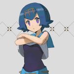  1girl blue_hair blue_pants blue_sailor_collar bright_pupils clothes_lift commentary_request freckles hairband highres lana_(pokemon) lifted_by_self no_sclera one-piece_swimsuit pants parted_lips peppedayo_ne pokemon pokemon_(game) pokemon_sm purple_eyes sailor_collar shirt shirt_lift short_hair sleeveless sleeveless_shirt solo swimsuit swimsuit_under_clothes upper_body white_pupils white_shirt yellow_hairband 