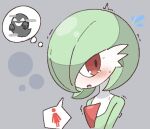  1girl bangs blush bob_cut colored_skin commentary_request embarrassed flat_chest flying_sweatdrops gardevoir ghost green_hair green_skin grey_background hair_over_one_eye have_to_pee jaggy_lines looking_away looking_to_the_side multicolored_skin one_eye_covered open_mouth pokemon pokemon_(creature) pokemon_tower_ghost red_eyes scared shiny shiny_hair short_hair simple_background solo speech_bubble sweat talking tebasaki_(877877ice) thought_bubble two-tone_skin upper_body white_skin 
