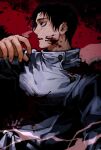  1boy belt black_hair blood blood_on_clothes blood_on_face cowboy_shot grmms_otk hand_up jacket jujutsu_kaisen looking_away male_focus okkotsu_yuuta open_mouth profile red_background school_uniform short_hair solo standing white_belt white_jacket 