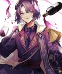  1boy absurdres alcohol aqua_eyes bangs belt beret blunt_bangs bottle cape collared_shirt cup curtained_hair drinking_glass earrings grape_print hat heart highres jacket jewelry leaf_print looking_at_viewer mahoutsukai_no_yakusoku male_focus murr_hart necktie parted_lips pouring purple_cape purple_hair purple_jacket purple_necktie purple_shirt shirt short_hair simple_background smile solo teeth u-sama_(u_summer0719) upper_body upper_teeth_only white_background wine wine_bottle wine_glass 