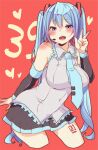  1girl 39 bangs black_skirt blue_eyes blue_hair blue_necktie breasts covered_navel cropped_legs detached_sleeves grey_shirt hatsune_miku headset heart kusoyuridanchi large_breasts long_hair looking_at_viewer necktie open_mouth red_background shirt skirt solo twintails vocaloid w 