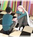  2boys arm_on_knee asymmetrical_bangs bangs black_hair black_socks blanket blazer blue_jacket checkered_floor crossed_legs ensemble_stars! floral_print hand_grab heart highres itsuki_shu jacket juma_(wolf81gizinka) kagehira_mika knees_up multiple_boys on_floor open_mouth pink_hair plaid plaid_legwear purple_eyes school_uniform short_hair socks twitter_username valkyrie_(ensemble_stars!) white_socks yaoi yumenosaki_school_uniform 