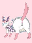  absurd_res anus balls butt chastity_cage chastity_device checkered_style_sylveon clothed clothed_feral clothing dress eeveelution feral fur generation_6_pokemon genitals girly hi_res holowear_(pokemon) leg_markings male markings narrowed_eyes nintendo no_underwear onesaucdragon pink_clothing pink_tail pokemon pokemon_(species) pokemon_unite presenting ribbons smile socks_(marking) solo sylveon tail white_body white_fur 