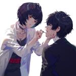  1boy 1girl amamiya_ren black_hair blue_hair choker collar doctor fajyobore glasses highres labcoat open_mouth persona persona_5 red_eyes school_uniform shuujin_academy_school_uniform spiked_choker spikes studded_choker studded_collar takemi_tae white_background 