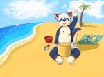  absurd_res beach blue_body blue_eyes blue_fur canid canine canis clothing fur hair hi_res kemono male mammal overweight overweight_male sea seaside solo swimming_trunks swimwear water waving_hand white_hair wolf zayzayce 