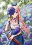  1girl absurdres bangs blue_dress blue_flower blue_ribbon blurry blurry_background breasts check_flower collarbone dress flower hair_ribbon highres holding holding_flower holding_umbrella hydrangea long_hair looking_at_viewer neck_ribbon original outdoors pinafore_dress purple_eyes purple_flower purple_ribbon rain ribbon shirt silvertsuki small_breasts solo tears umbrella white_shirt 