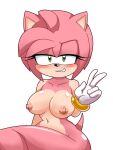  2022 5_fingers amy_rose anthro areola blush breasts clothing eulipotyphlan female fingers gloves green_eyes half-closed_eyes handwear hedgehog hi_res looking_at_viewer mammal mostly_nude narrowed_eyes nipples pink_body pink_skin redken_dex sega simple_background smile solo sonic_the_hedgehog_(series) white_background 