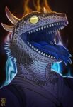  2021 anthro artist_logo blue_tongue bust_portrait clothed clothing dated glistening glistening_eyes grey_body grey_clothing grey_scales grey_topwear hi_res horn logo male mouth_shot no_sclera open_mouth portrait pupils riorix scales scalie sharp_teeth simple_background slit_pupils solo tan_horn teeth tongue topwear yellow_eyes 