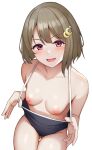  1girl :d ass_visible_through_thighs black_one-piece_swimsuit blush breasts brown_hair collarbone crescent crescent_hair_ornament hair_ornament highres looking_at_viewer love_live! love_live!_nijigasaki_high_school_idol_club medium_breasts mizushina_minato nakasu_kasumi nipples one-piece_swimsuit open_mouth pink_eyes short_hair simple_background smile solo swimsuit white_background 