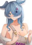  1girl absurdres bare_shoulders blue_eyes blue_hair breasts cleavage collarbone elira_pendora hair_ornament hair_over_one_eye hairclip head_wings highres large_breasts long_hair looking_at_viewer mole mole_on_armpit nijisanji nijisanji_en off_shoulder overalls parkiranhonda simple_background solo sweater upper_body virtual_youtuber white_background 