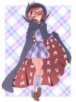  1girl absurdres bone_vone brown_eyes brown_hair cape fedora glasses hat highres long_sleeves looking_at_viewer plaid plaid_background ribbon shoes skirt solo touhou twintails usami_sumireko vest 