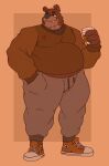  2022 anthro bear belly biped bottomwear clothed clothing coffee_cup container cup digital_media_(artwork) footwear full-length_portrait gabgbb hi_res male mammal narrowed_eyes portrait shoes simple_background smile solo sweatpants topwear 