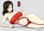  1girl arm_support bikini black_hair blue_eyes breasts bukkuri cellphone cleavage commentary_request dated emblem girls_und_panzer grey_background highres holding holding_phone large_breasts lying navel nonna_(girls_und_panzer) on_side parted_lips phone pravda_(emblem) red_bikini selfie signature simple_background smartphone solo stomach strapless strapless_bikini swimsuit thighs tube_top underboob wide_hips 
