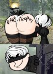  1boy 1girl ass ass_focus black_blindfold blindfold covered_eyes desgardes english_text feather-trimmed_sleeves from_behind highres huge_ass nier_(series) nier_automata short_hair thighhighs yorha_no._2_type_b yorha_no._9_type_s 