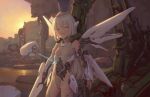  1girl bigrbear blonde_hair blue_eyes breasts commentary_request evening grey_leotard headgear highres leotard long_hair looking_at_viewer mecha_musume mechanical_wings open_mouth original outdoors petting robot small_breasts smile solo_focus sunset white_hair wings 
