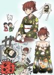  admiral_(kancolle) bar_censor bottle breasts broken_window brown_eyes brown_hair censored choko_(cup) cleavage commentary_request cowboy_shot cup daitou_(kancolle) floral_print green_kimono hair_bun hiburi_(kancolle) japanese_clothes kakincho kantai_collection kimono kitakami_(kancolle) kite long_hair medium_breasts official_alternate_costume ooi_(kancolle) tokkuri translation_request undressing 