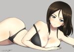  1girl :o bikini black_bikini black_hair blue_eyes breasts bukkuri cleavage commentary_request dated girls_und_panzer grey_background highres large_breasts long_hair looking_at_viewer lying nonna_(girls_und_panzer) on_side parted_lips signature simple_background solo strap_slip swimsuit wet wide_hips 