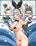  2girls aircraft aircraft_request airplane akashi_(kancolle) animal_ears bikini black_bikini blue_eyes box crate engine fairy_(kancolle) fake_animal_ears gameplay_mechanics grey_hair highleg highleg_swimsuit highres kantai_collection kashima_(kancolle) multiple_girls osananajimi_neko pink_hair swimsuit tray twintails wavy_background wrench 