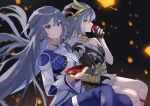  2girls bangs black_nails blue_eyes blurry blurry_background closed_mouth commentary cup drinking dual_persona fingerless_gloves fu_hua fu_hua_(azure_empyrea) fu_hua_(herrscher_of_sentience) fukazzi_2nd gloves grey_hair hair_ornament highres holding holding_cup holding_hands honkai_(series) honkai_impact_3rd interlocked_fingers korean_commentary lantern light long_hair multiple_girls official_alternate_costume red_eyes sitting smile thighs 