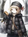  1girl ;) alternate_costume bag beanie blonde_hair bun_(food) food hat highres holding holding_food looking_at_viewer mittens one_eye_closed rumia shoulder_bag smile snow solo spark621 sparkle touhou tree winter winter_clothes 