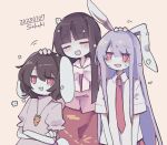  3girls :d animal_ears artist_name bangs black_hair blunt_bangs blush carrot_necklace closed_eyes commentary_request cosmicmind dated floppy_ears hand_on_another&#039;s_head headpat houraisan_kaguya inaba_tewi jewelry long_hair medium_hair multiple_girls necklace necktie one-hour_drawing_challenge open_mouth pink_shirt puffy_short_sleeves puffy_sleeves purple_hair rabbit_ears rabbit_girl rabbit_tail red_eyes red_necktie red_skirt reisen_udongein_inaba shirt short_sleeves simple_background skirt smile sweatdrop tail tan_background touhou 