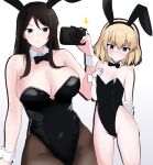  2girls animal_ears armorganger black_bow black_bowtie blonde_hair blue_eyes blush bow bowtie breasts brown_hair brown_pantyhose camera chinese_zodiac cleavage closed_mouth fake_animal_ears fake_tail girls_und_panzer highres katyusha_(girls_und_panzer) large_breasts leotard long_hair multiple_girls nonna_(girls_und_panzer) pantyhose playboy_bunny rabbit_ears rabbit_tail shiny shiny_hair shiny_skin simple_background tail white_background year_of_the_rabbit 