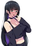  1girl :d bangs bare_shoulders black_choker black_hair black_shirt blunt_bangs bocchi_the_rock! choker colored_inner_hair commentary crop_top forked_tongue green_eyes highres long_hair long_sleeves looking_at_viewer midriff multicolored_hair navel off-shoulder_shirt off_shoulder open_mouth pa-san purple_hair shirt simple_background smile solo stomach tongue tongue_out upper_body very_long_hair white_background xperiajoker 