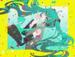  1girl blush chromatic_aberration confetti detached_sleeves eyelashes glitch green_eyes green_hair green_nails hatsune_miku headphones headset highres long_hair microphone nail_polish necktie r18ankou shoulder_tattoo smile solo tattoo twintails vocaloid yellow_background 