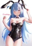 1girl ;p absurdres alternate_costume animal_ears armpits azur_lane bare_legs bare_shoulders black_bow black_leotard black_ribbon blue_hair blush bow bowtie breasts cleavage commentary_request cowboy_shot detached_collar ear_pull fake_animal_ears hair_ribbon hands_up highres hip_focus leotard long_hair makihige medium_breasts neptune_(azur_lane) one_eye_closed pulled_by_self rabbit_ears ribbon signature simple_background skin_tight solo standing thigh_gap thighs tongue tongue_out very_long_hair yellow_eyes 
