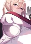  1girl absurdres black_gloves blonde_hair blush breasts capelet fathom gloves graf_zeppelin_(kancolle) hair_between_eyes highres kantai_collection large_breasts long_hair long_sleeves looking_at_viewer lying on_side open_mouth purple_eyes solo twintails upper_body white_capelet 