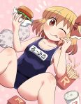  1girl ;q black_one-piece_swimsuit blonde_hair bow burger commission cup feet_out_of_frame food food_on_face french_fries hair_bow highres looking_at_viewer one-piece_swimsuit one_eye_closed red_bow red_eyes rokugou_daisuke rumia school_swimsuit short_hair skeb_commission smile solo swimsuit tongue tongue_out touhou 