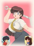  1990s_(style) 1boy 1girl bandolier black_pants blue_eyes blush breasts brown_hair chibi chibi_inset commentary_request curvy full-face_blush highres holding holding_spatula kuonji_ukyou large_breasts long_hair low_ponytail mage_(harumagedon) pants ranma_1/2 retro_artstyle saotome_ranma shirt solo_focus spatula white_shirt 