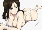  1girl ass bikini black_hair blue_eyes breasts bukkuri cleavage commentary_request feet_up girls_und_panzer large_breasts looking_at_viewer lying nonna_(girls_und_panzer) on_stomach parted_lips smile solo swimsuit the_pose white_bikini 