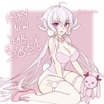  1girl ahoge alternate_costume axia-chan bare_shoulders breasts grey_hair hair_ornament happy_new_year highres large_breasts long_hair purple_eyes rabbit_hair_ornament senki_zesshou_symphogear stuffed_animal stuffed_toy thighhighs twintails twitter_username very_long_hair white_thighhighs yukine_chris 