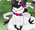  angry belly big_belly black_body black_fur bow_tie brunotheshihtzu digestion digestion_noises eeveelution feral fur generation_6_pokemon grass hi_res invalid_background long_ears nintendo plant pokemon pokemon_(species) pressing pupils red_pupils shrub sylveon text white_body white_fur 