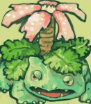  claws english_commentary fangs flower green_background half-closed_eyes leaf no_humans open_mouth pink_flower pokemon pokemon_(creature) red_eyes sailorclef solo venusaur 
