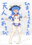  1girl :d absurdres adapted_costume bangs barefoot bikini bikini_skirt black_headwear blue_background blue_hair blue_skirt blush bow bowtie cold commentary_request detached_collar flat_chest frilled_skirt frills full_body hat highres hinanawi_tenshi leaf long_hair mikadukimo miniskirt navel nose_blush open_mouth red_bow red_bowtie skirt smile snowing solo swimsuit touhou translation_request trembling 