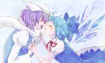  2girls blue_dress blue_hair blush bow cirno closed_eyes dress gloves hat holding_hands ice ice_wings letty_whiterock multiple_girls open_mouth purple_eyes purple_hair r18ankou scarf short_hair touhou white_gloves wings 