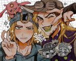  2boys blonde_hair blue_eyes clenched_teeth cup gold_teeth green_eyes gyro_zeppeli hand_on_own_face hat highres horseshoe johnny_joestar jojo_no_kimyou_na_bouken long_hair mug multiple_boys neg_50asu smile steel_ball_run teeth tusk_(stand) 