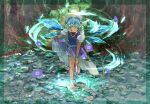  1girl barefoot blue_hair blush bow cirno closed_eyes clothes_lift dress dress_lift fairy flower forest glowing highres ice ice_wings looking_down nature pond r18ankou removing_shoes solo stone sunflower tanned_cirno touhou tree water wings 