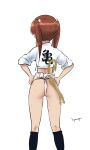  1girl absurdres ass brown_hair from_behind fundoshi girls_und_panzer hands_on_hips highres hiyama_yuu_(wee259hiyama) japanese_clothes kadotani_anzu long_hair shiny shiny_hair signature simple_background solo standing twintails white_background yamakasa 