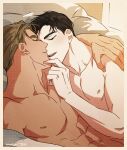  2boys abs arm_around_shoulder black_eyes black_hair blonde_hair blush couple cuddling dated ed_talbot glenn_mcqueen jaxx_s2 male_focus multiple_boys muscular muscular_male nipples open_mouth pectorals signature smile under_covers walk_on_water yaoi 