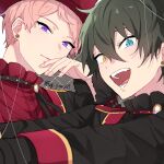  2boys aqua_eyes asymmetrical_bangs bangs collared_shirt earrings ensemble_stars! fingernails green_hair hair_between_eyes hand_to_own_mouth hat heterochromia highres itsuki_shu jewelry juma_(wolf81gizinka) kagehira_mika long_sleeves multiple_boys open_mouth pink_hair purple_eyes shirt short_hair twitter_username valkyrie_(ensemble_stars!) yellow_eyes 