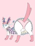  absurd_res bulge butt checkered_style_sylveon clothed clothed_feral clothing dress eeveelution feral fur generation_6_pokemon girly hi_res holowear_(pokemon) leg_markings male markings narrowed_eyes nintendo onesaucdragon panties panties_on_feral pink_clothing pink_panties pink_tail pink_underwear pokemon pokemon_(species) pokemon_unite presenting ribbons smile socks_(marking) solo sylveon tail underwear white_body white_fur 
